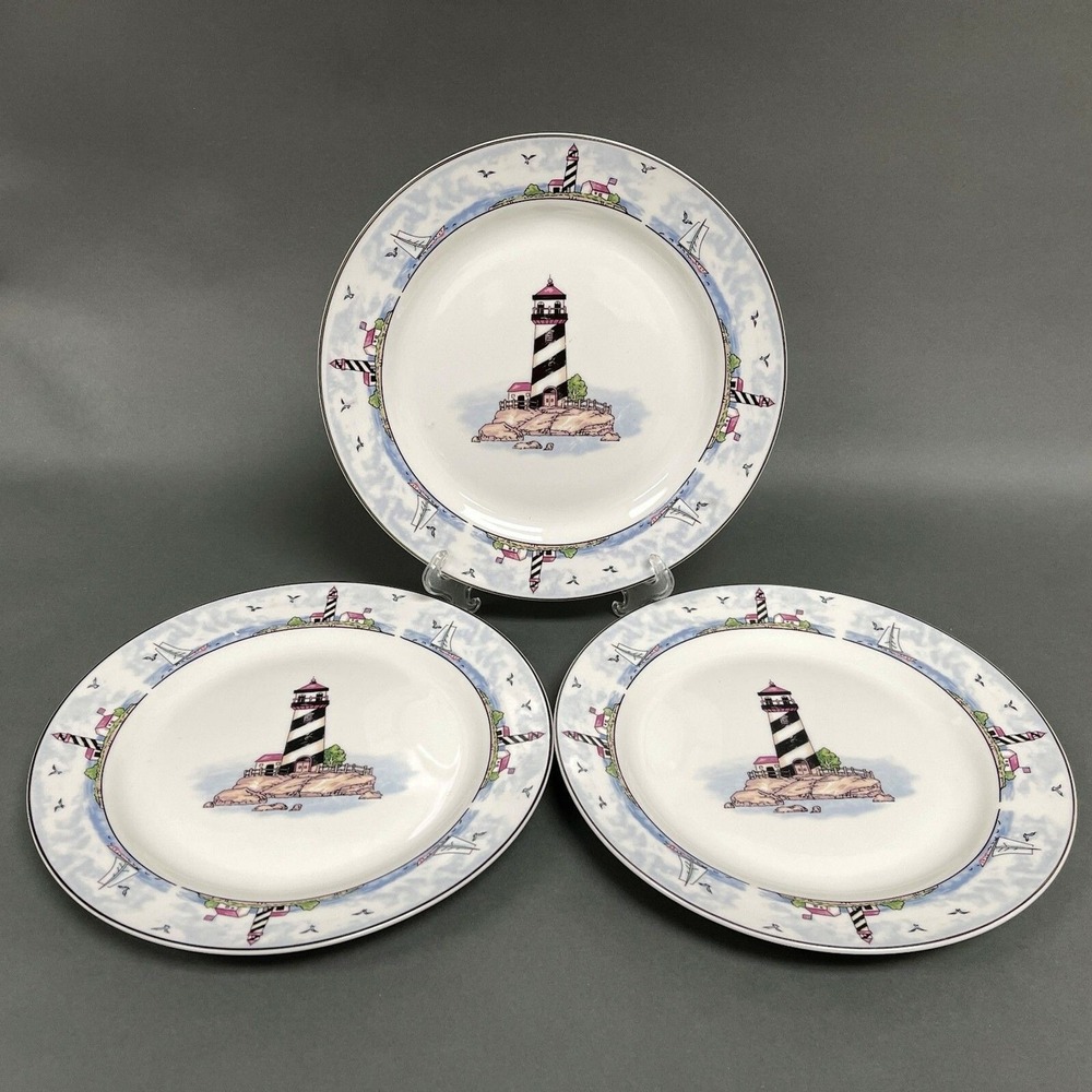 Lighthouse Sailboats Dinner Plates Blue White‎ Multicolor 10 5/8" Lot of 3